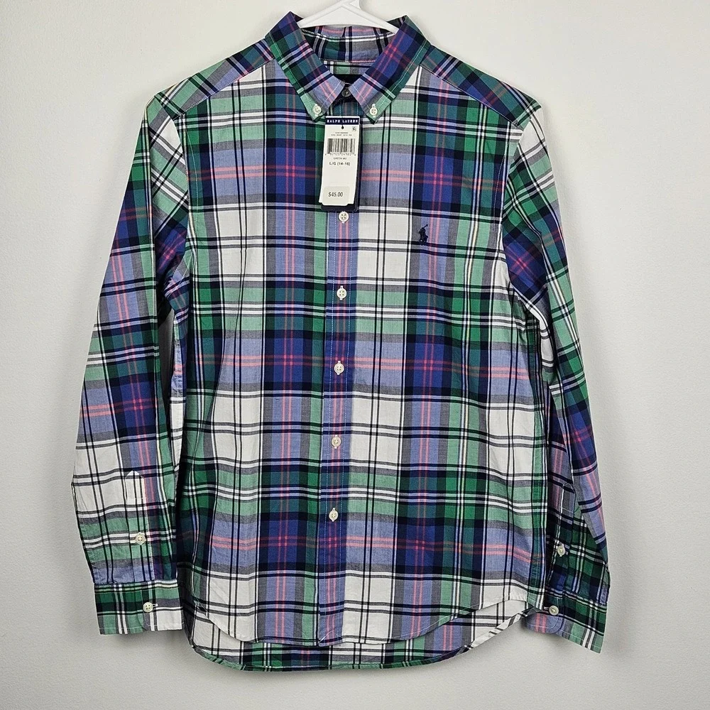 Ralph Lauren Dress Shirt Boys Size L 14/16 Long Sleeve Button Down Plaid NEW